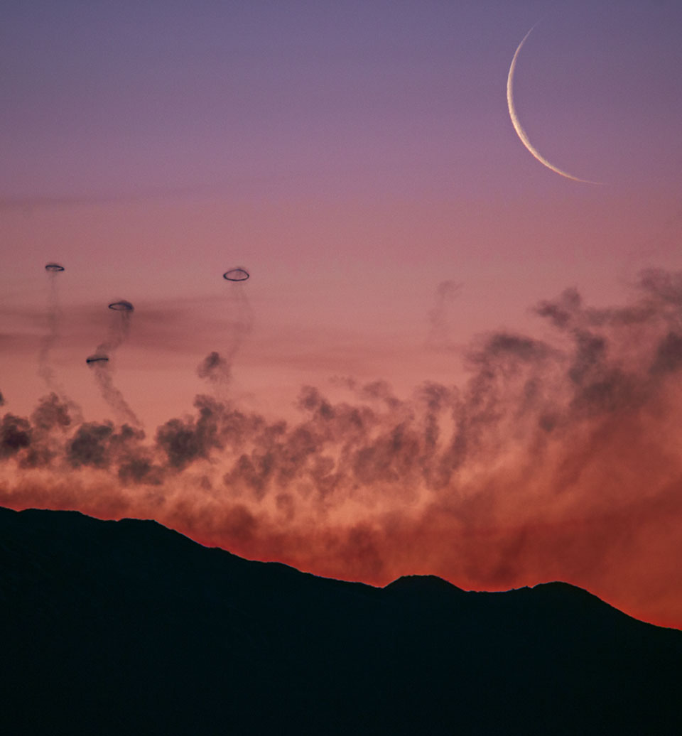 Moon and Smoke Rings from Mt. Etna