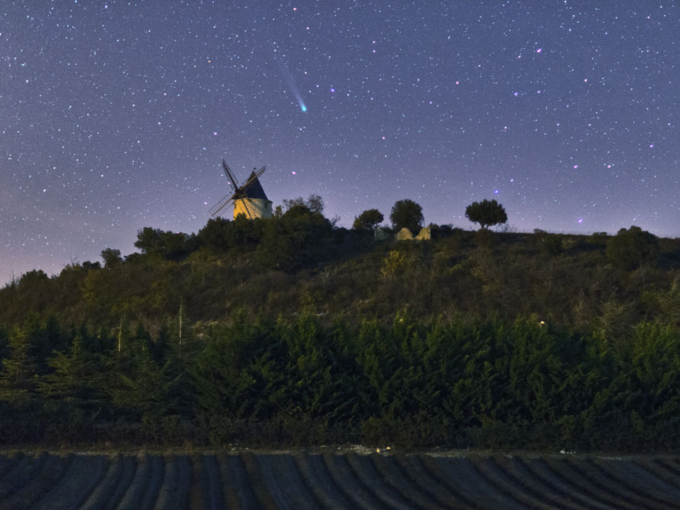 Comet Lovejoy Over a Windmill