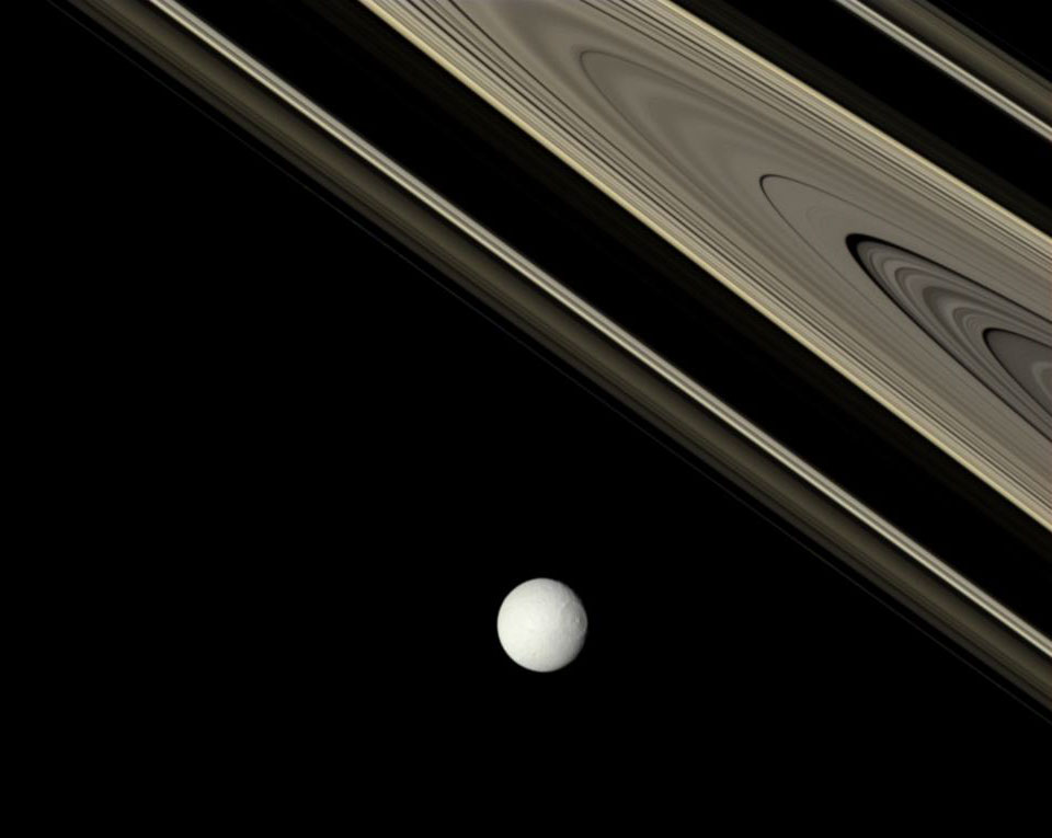 Saturn: Bright Tethys and Ancient Rings